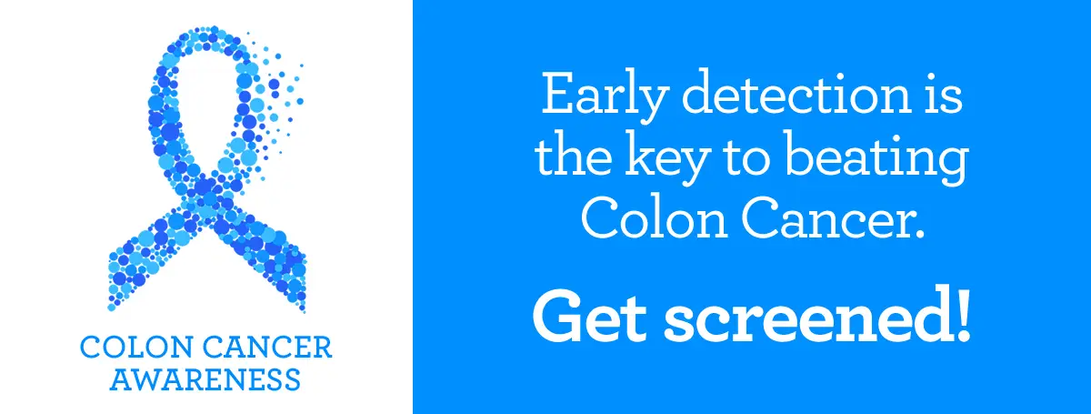 colon cancer blue ribbon with the caption reading - early detection is the key to beating colon cancer