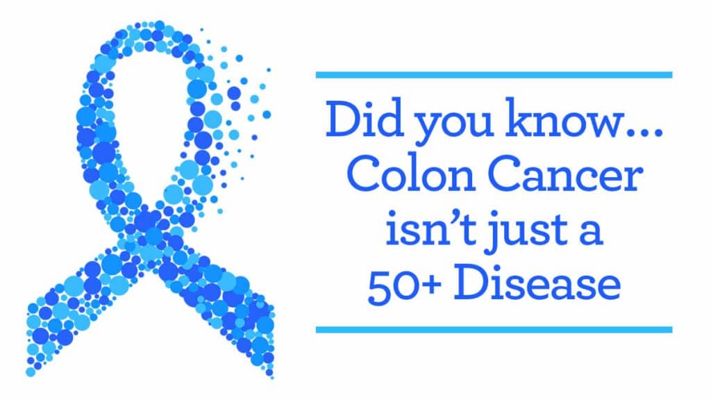 2019 colon cancer awareness blue ribbon with text saying colon cancer isn't just a 50+ disease