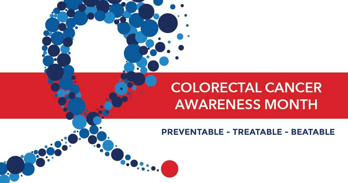 2021 colon cancer awareness month w/ blue ribbon. colon cancer is preventable, treatable and beatable